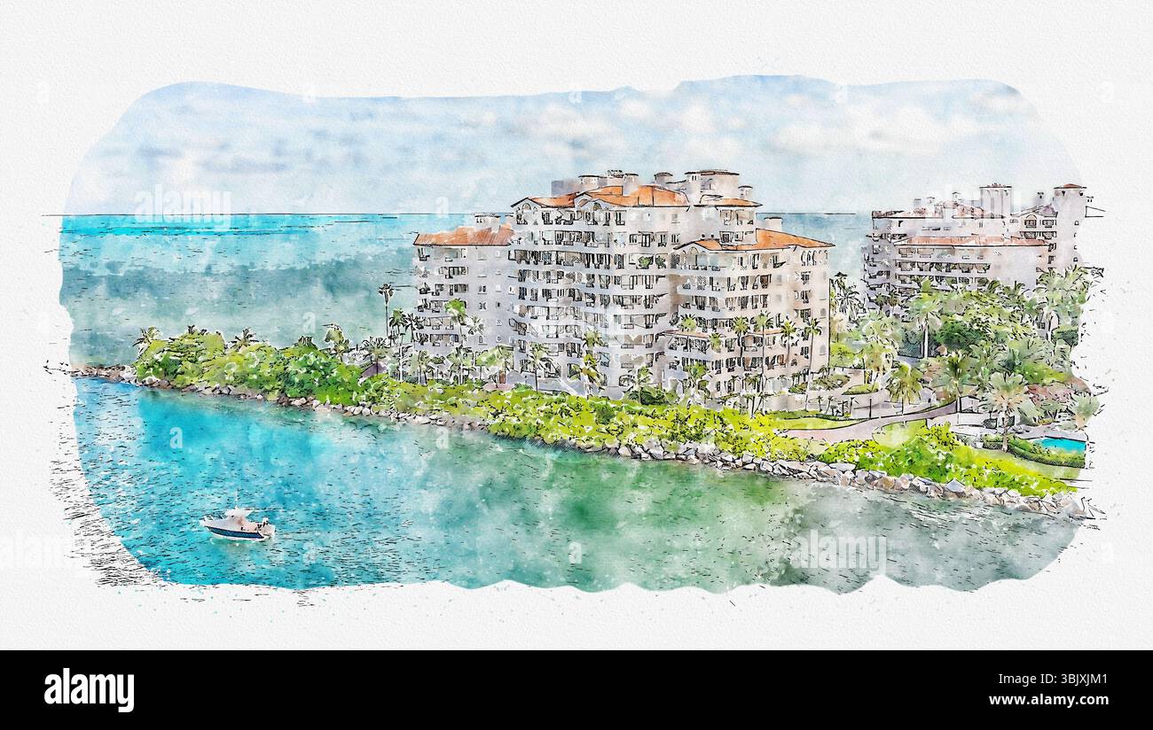 Vista aerea dei droni degli appartamenti a Fisher Island a Miami, disegno digitale in acquerello Foto Stock