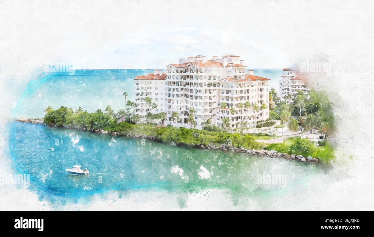 Vista aerea dei droni degli appartamenti a Fisher Island a Miami, disegno digitale in acquerello Foto Stock