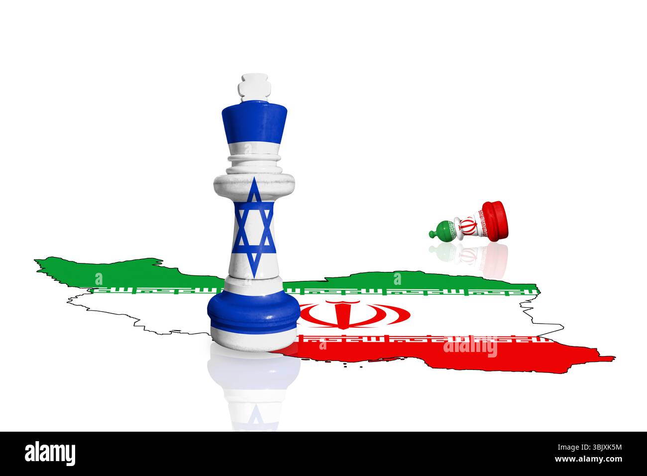 Scacchi fatti da bandiere di Israele e Iran su una mappa dell'Iran Foto Stock