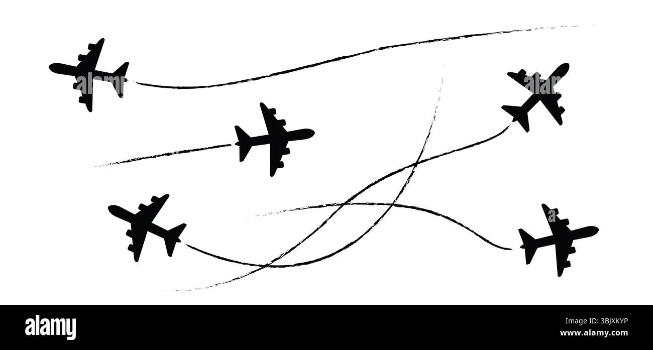 Percorso della linea del piano aereo in aumento. Decollare l'aereo, percorso di volo con punto di partenza. Segnale aereo vettore. Puntatore di posizione. Monitoraggio, vacanza, vacanza. T Foto Stock