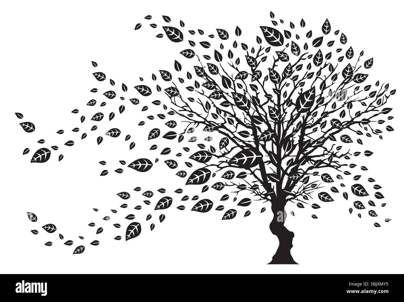 Tree in the Wind Leaves Falling - illustrazione disegno vettoriale in bianco e nero Illustrazione Vettoriale