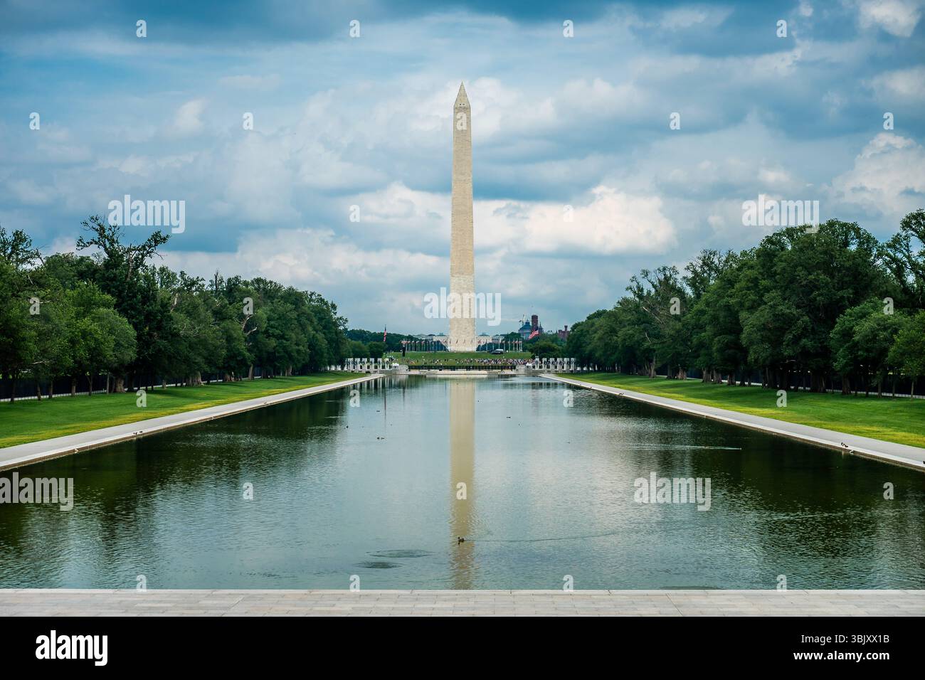 Il monumento a Washington si riflette in acqua ferma sotto morbide nuvole blueschi, senza persone in vista, solo un'anatra solitaria che si sposta alla deriva nella scena tranquilla. Foto Stock