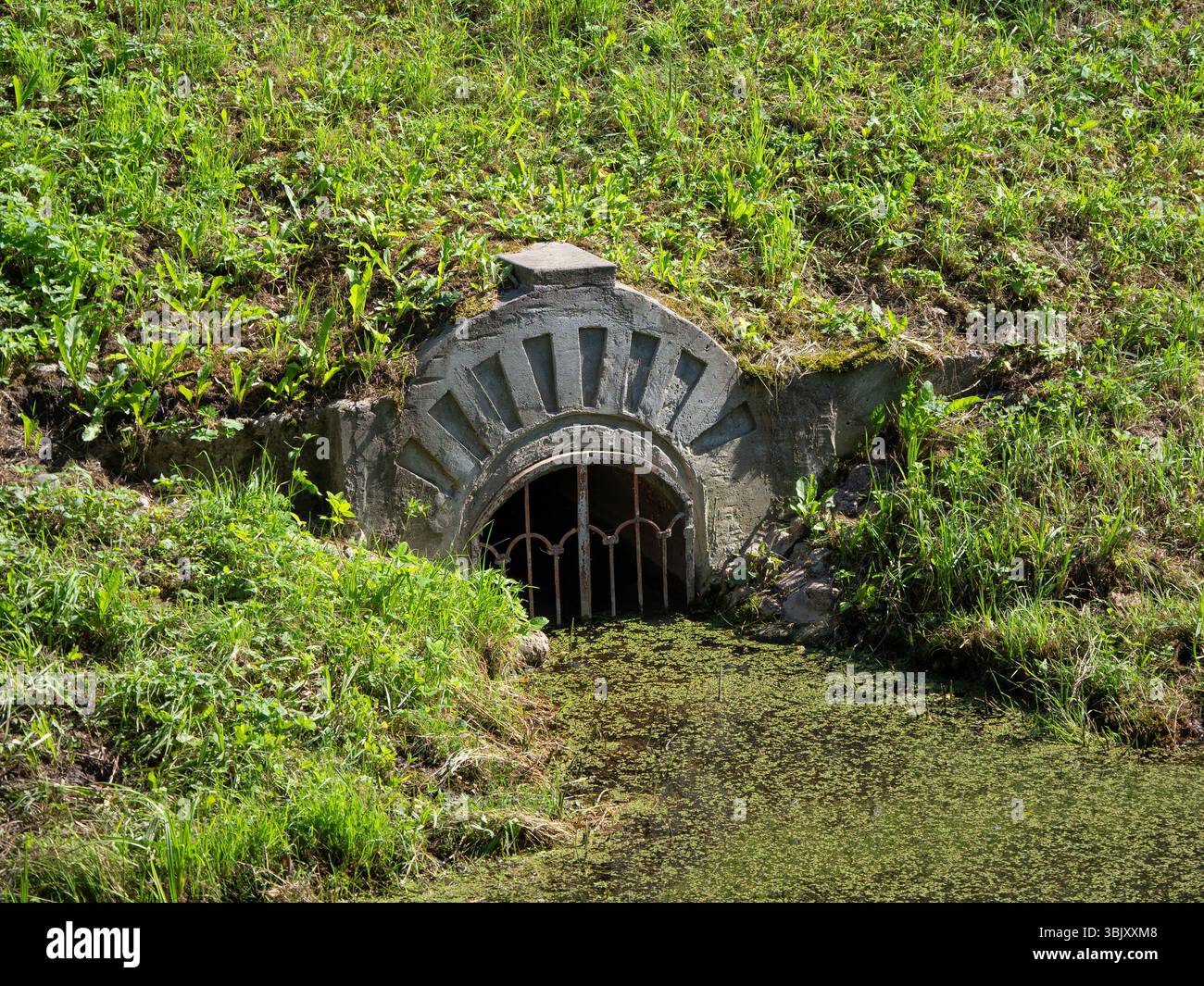 Flusso d'acqua nello stagno. L'ingresso è chiuso da una robusta griglia metallica Foto Stock