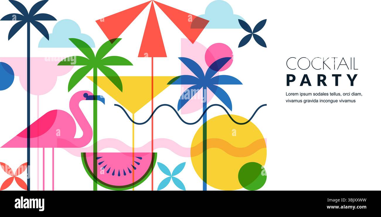 Modello banner per cocktail party in spiaggia. Design vettoriale piatto con bevande tropicali, frutta ed elementi da bar. Layout geometrico colorato per il volantino estivo, po Illustrazione Vettoriale