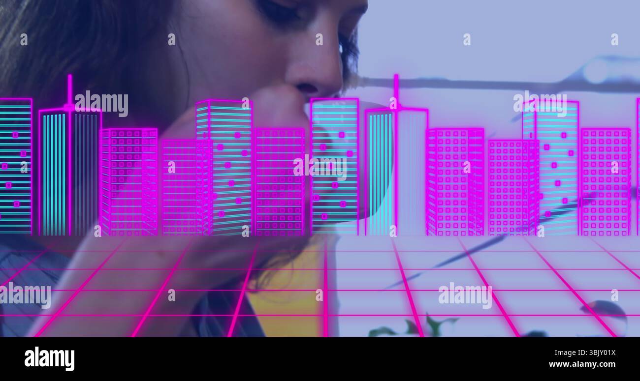 donna in un ambiente informale con panino in cima nella sala da pranzo, con piante, paesaggio urbano a griglia al neon, spazio copia Foto Stock