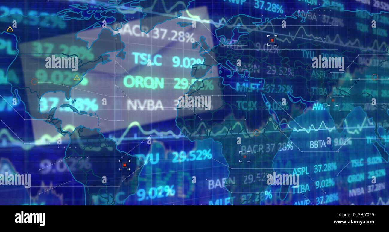Visualizzazione della sovrapposizione della mappa mondiale fluttuante sulla schermata di trading, con ticker e percentuali a scorrimento Foto Stock