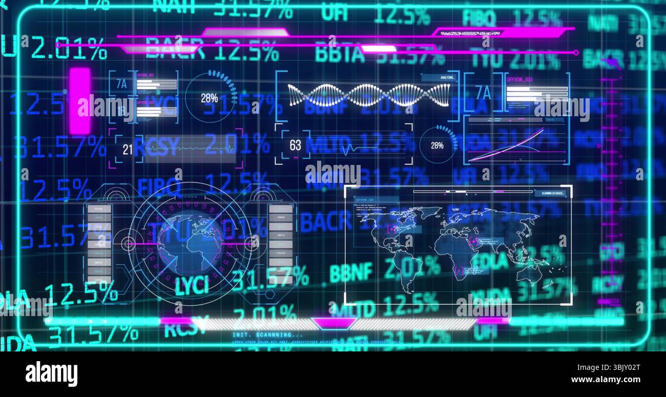 Visualizzazione di dati olografici su interfaccia virtuale, con mappe carte forme d'onda percentuali Foto Stock