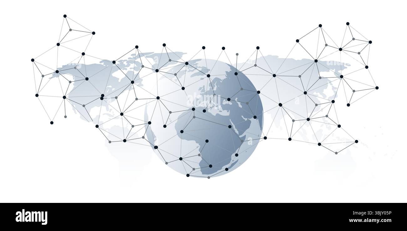 Globo grigio astratto con punti di rete 3d e linee che collegano i continenti su uno sfondo grigio della mappa del mondo. Un concetto moderno di comunicazione globale, Illustrazione Vettoriale