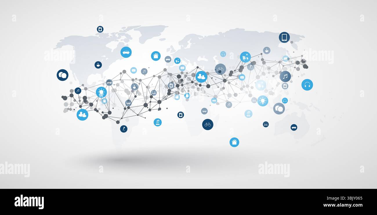 Grafica vettoriale che illustra l'IoT e la connettività globale. Una mappa del mondo è sovrapposta a una rete di nodi e icone che rappresentano dispositivi intelligenti e se Illustrazione Vettoriale