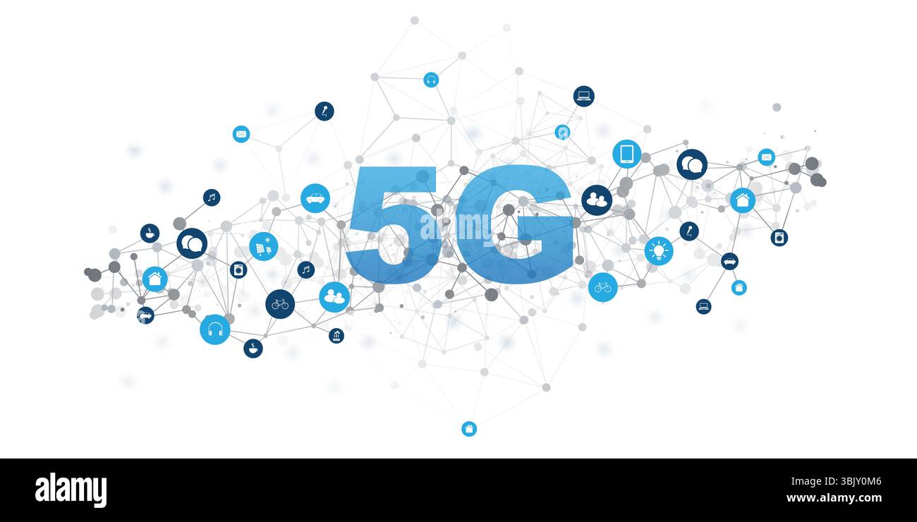 Un'illustrazione della tecnologia di rete wireless 5G e dell'Internet of Things (IoT), con un background di rete globale, dispositivi intelligenti connessi e ic Illustrazione Vettoriale