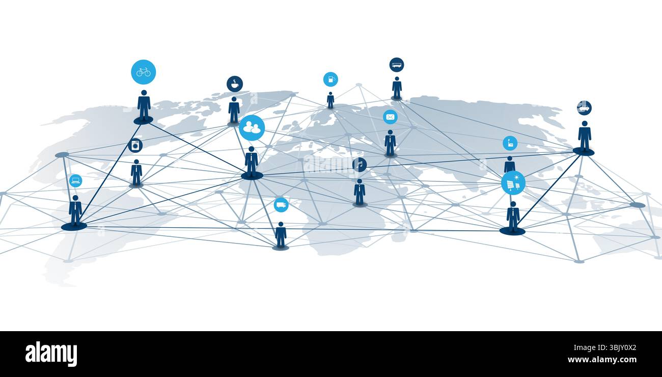 Un'illustrazione vettoriale che mostra le persone connesse attraverso una rete digitale globale, simboleggia la comunicazione, la collaborazione remota e la tecnologia intelligente Illustrazione Vettoriale