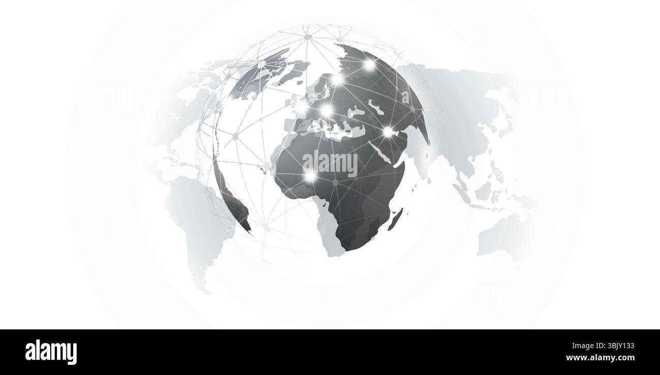 Globo astratto con punti di rete brillanti che collegano i continenti su uno sfondo grigio della mappa del mondo. Concetto moderno per la comunicazione globale, la trasmissione dei dati Illustrazione Vettoriale