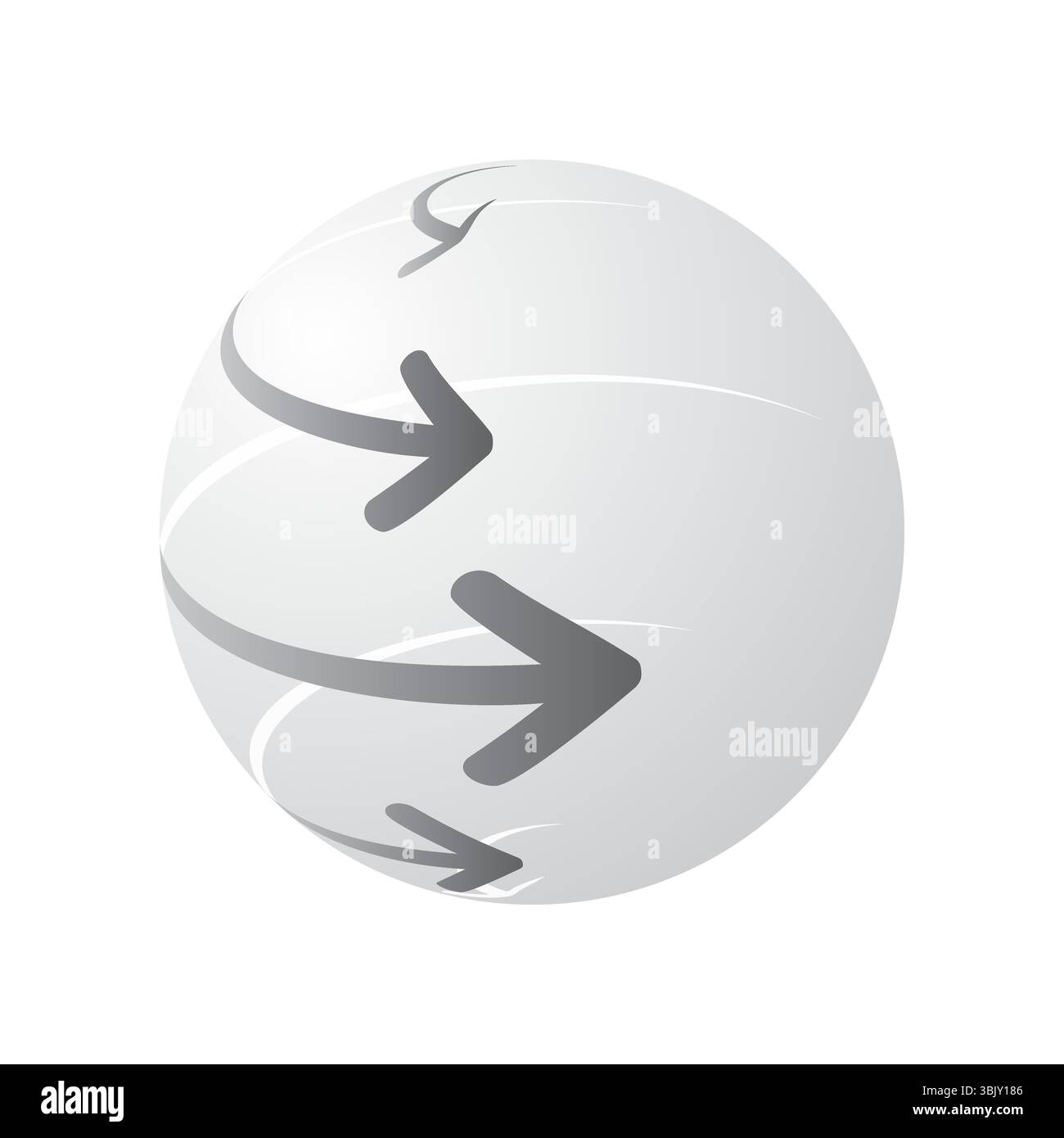 Un design di sfera 3d astratto con frecce direzionali che si estendono sulla superficie, simboleggiando il flusso digitale, il movimento dei dati o la connettività globale su un Illustrazione Vettoriale