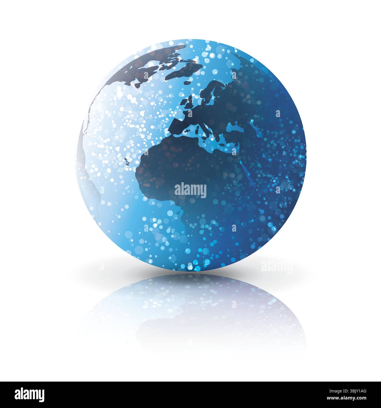 Un vettore a globo stilizzato con punti bianchi luminosi e una sottile sfumatura blu su sfondo bianco. Il progetto della mappa della Terra suggerisce la connettività globale, d Illustrazione Vettoriale