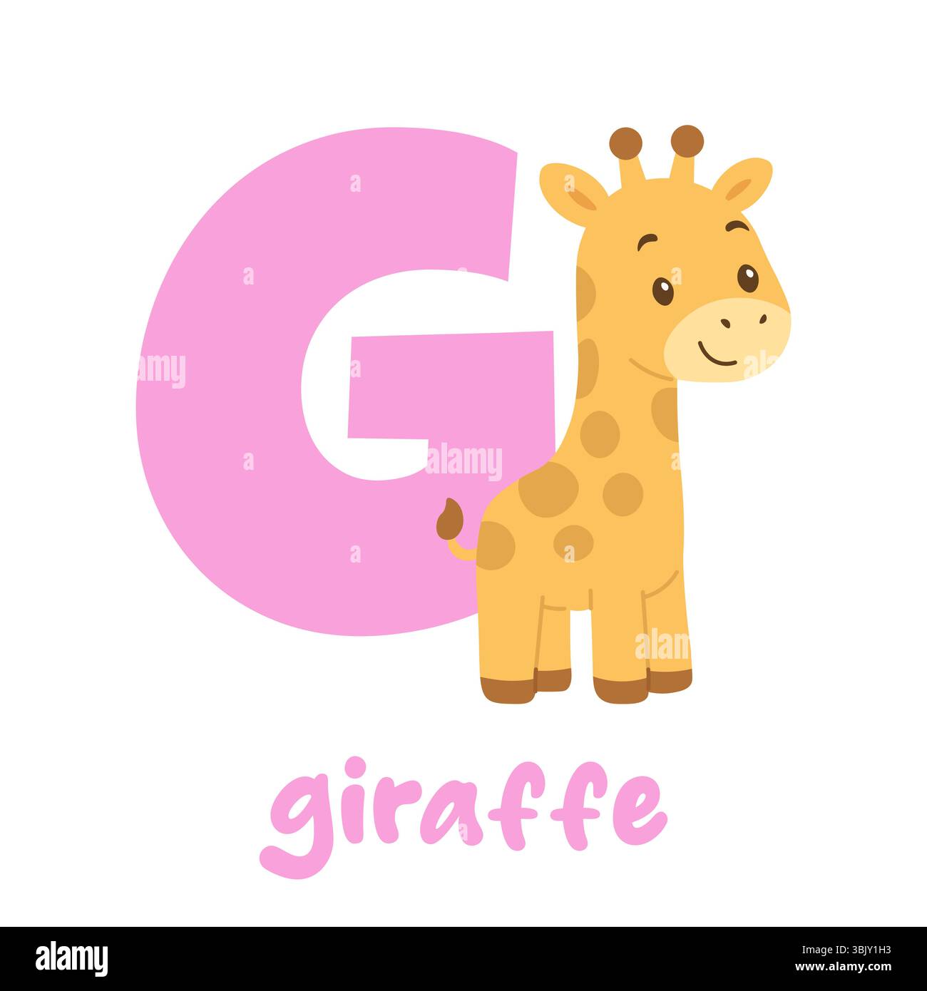 Adorabile giraffa cartoni animati in piedi vicino alla grande lettera G rosa per i bambini che imparano l'alfabeto Illustrazione Vettoriale