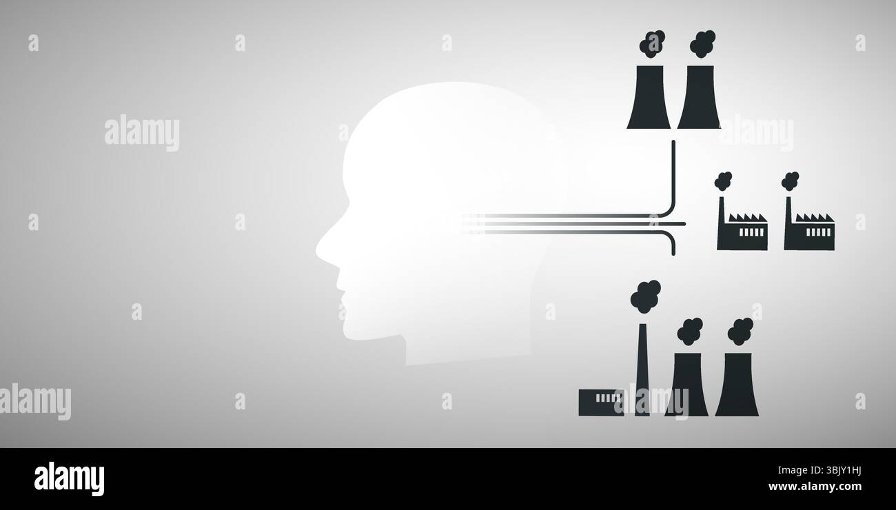 La fame di energia DELL'INTELLIGENZA ARTIFICIALE incontra le preoccupazioni ambientali: Una sagoma della testa umana accanto agli impianti di carbone mette in evidenza il costo ecologico dell'alimentazione di impianti avanzati Illustrazione Vettoriale
