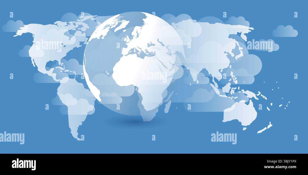 Un'immagine concettuale di portata globale o connessione, con una mappa del mondo stilizzata e un globo terrestre 3d sotto nuvole grigie fluttuanti stilizzate su una b blu Illustrazione Vettoriale