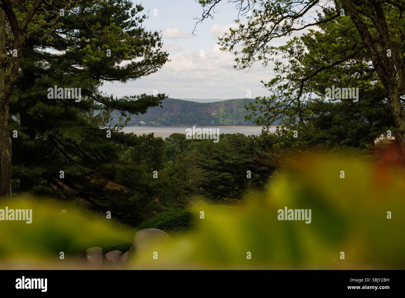 Vista panoramica del fiume Hudson incorniciato da alberi e vegetazione, paesaggio tranquillo con colline in lontananza, vegetazione naturale, tranquillo giardino della tenuta. Foto Stock
