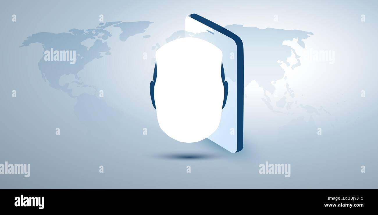 Un'illustrazione 3D concettuale dell'assistenza ai mobile e del riconoscimento facciale. Silhouette della testa del robot e forma dello smartphone su uno sfondo blu con mappa del mondo Illustrazione Vettoriale