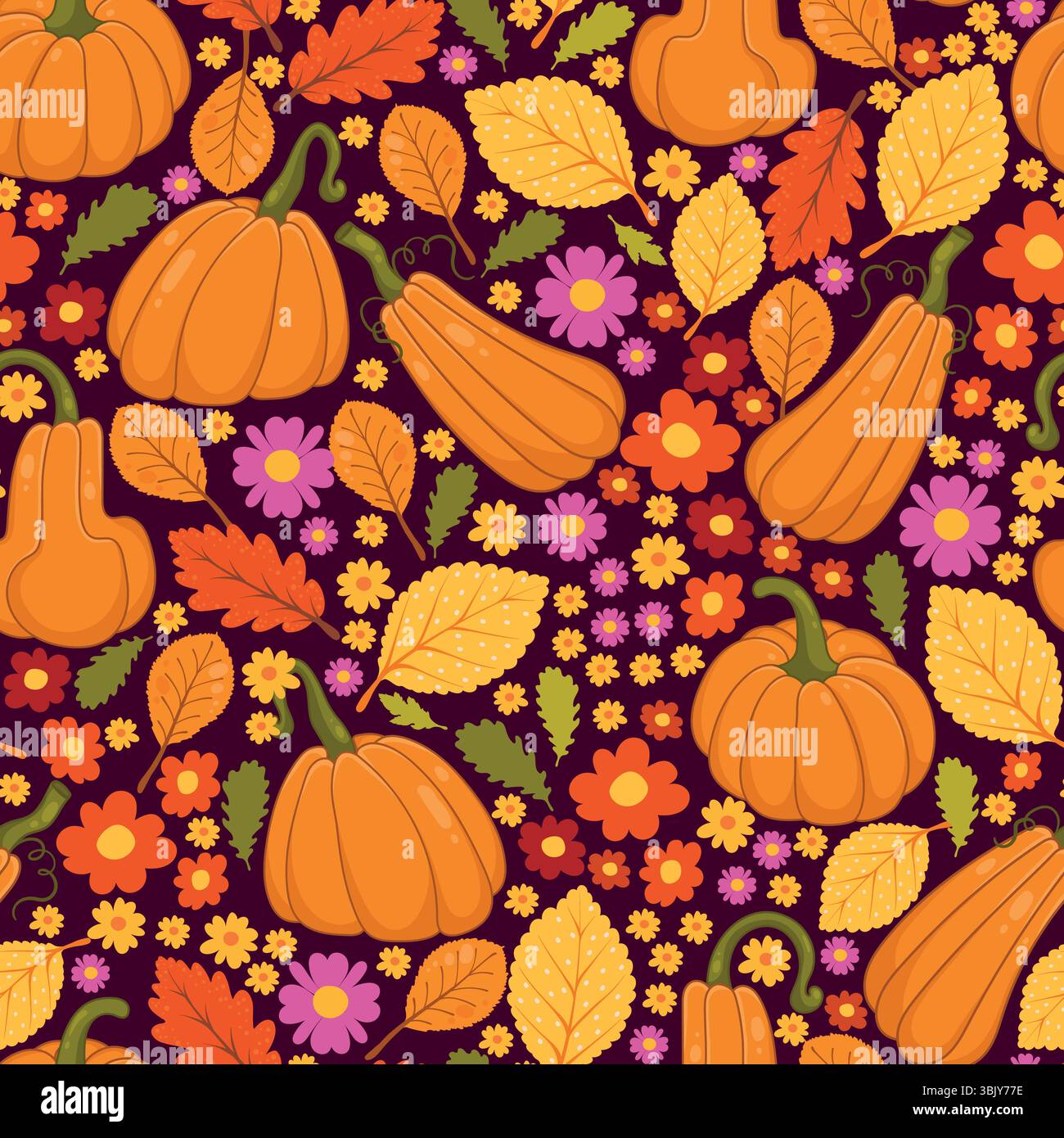 Motivo senza cuciture della zucca autunnale con foglie e fiori colorati. Sfondo autunnale per le feste con verdure, fogliame e fiori perfetti per Illustrazione Vettoriale