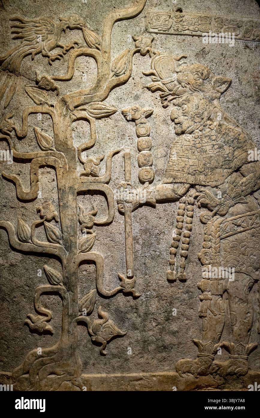 Intricato rilievo di intaglio in pietra Maya con dettagliati glifi e motivi decorativi in Messico, penisola dello Yucatan, sito archeologico di Uxmal. Foto Stock