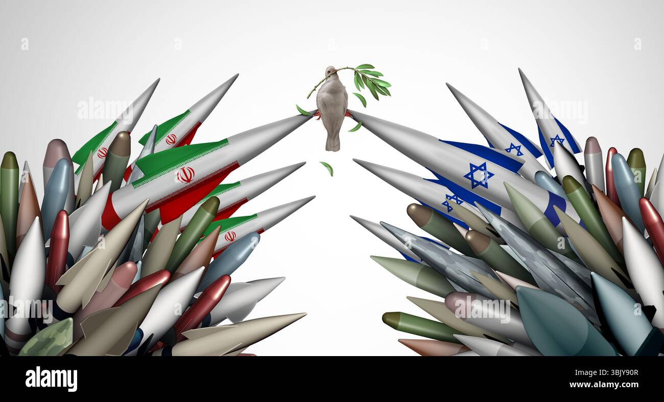 Iran Israele crisi di pace e guerra in Medio Oriente cessate il fuoco fallimento come conflitto militare e confronto armato iraniano o conflitto di procura con Foto Stock