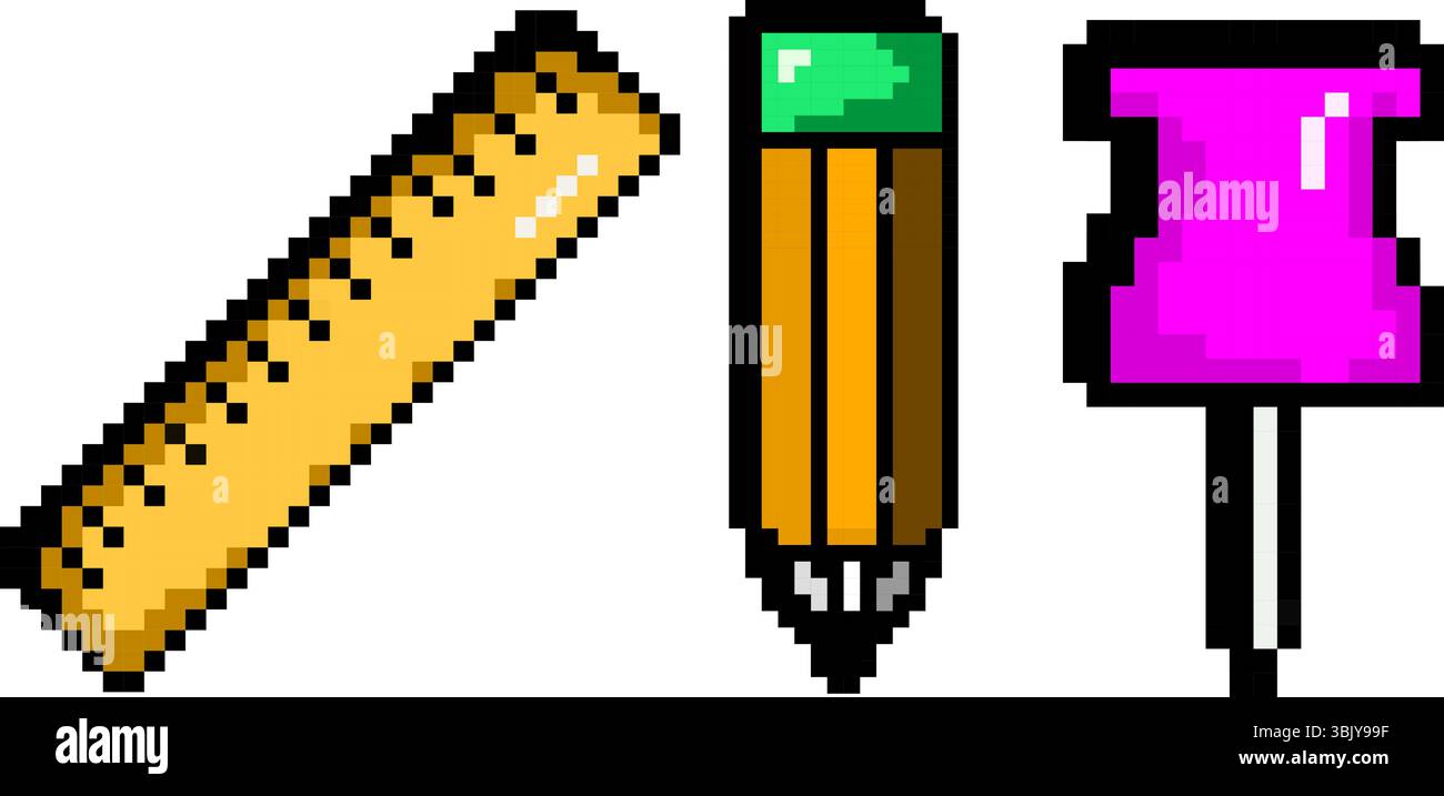 Matita righello e spilla rosa in stile vettoriale minimo pixel. Iconografia dell'app Gamified Productivity Illustrazione Vettoriale