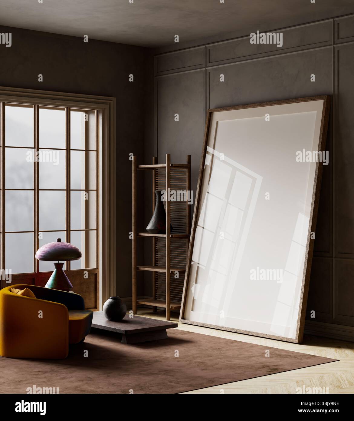 Gli interni sorprendenti combinano mobili vibranti sfumature con pezzi di arredo scultoreo, creando un'armonia unica tra stile retrò e moderno sostico Foto Stock