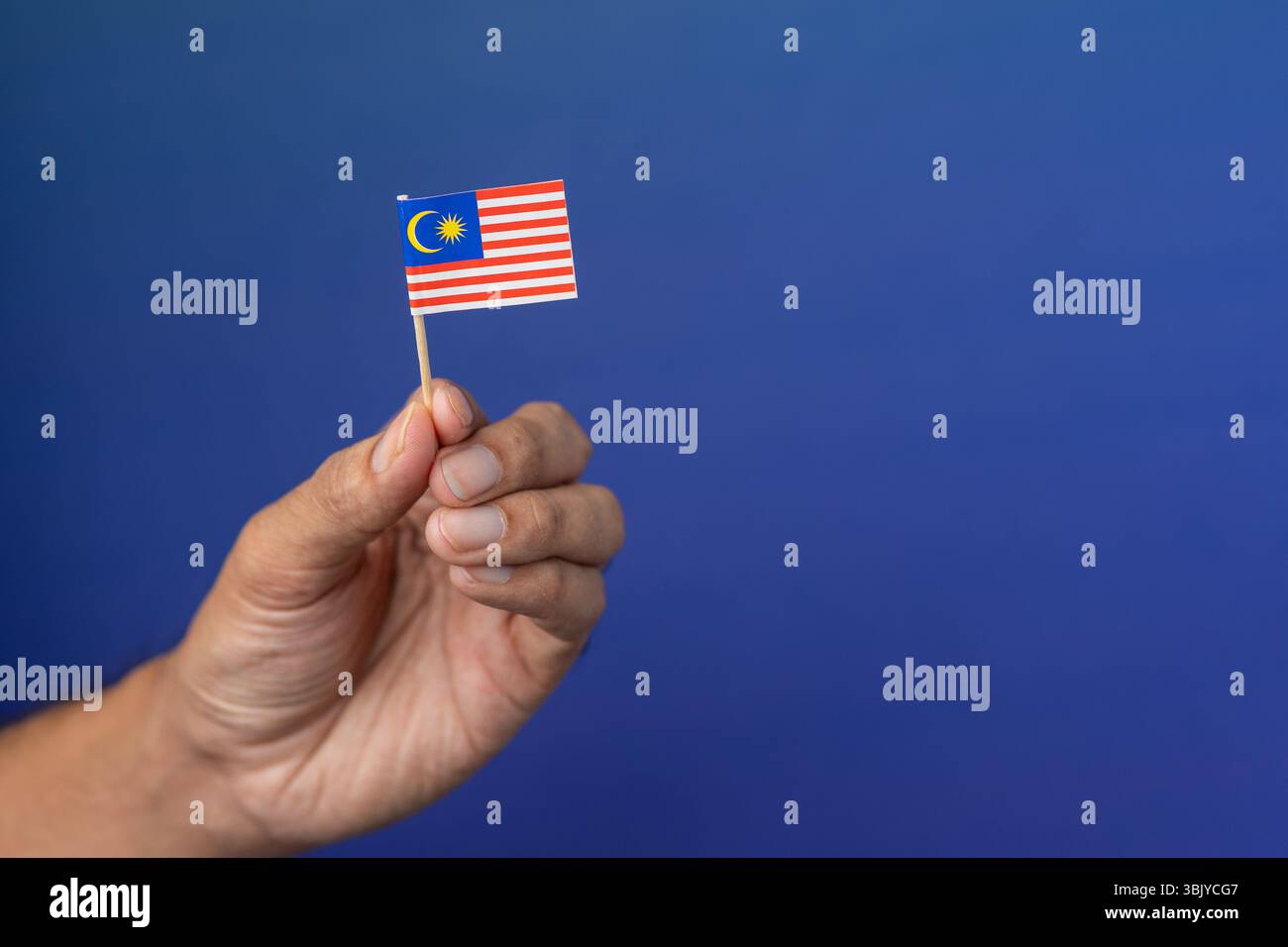 Una mano regge una piccola bandiera in miniatura della Malesia, Jalur Gemilang su un solido sfondo blu. Orgoglio nazionale, patriottismo, identità e diplomazia c Foto Stock