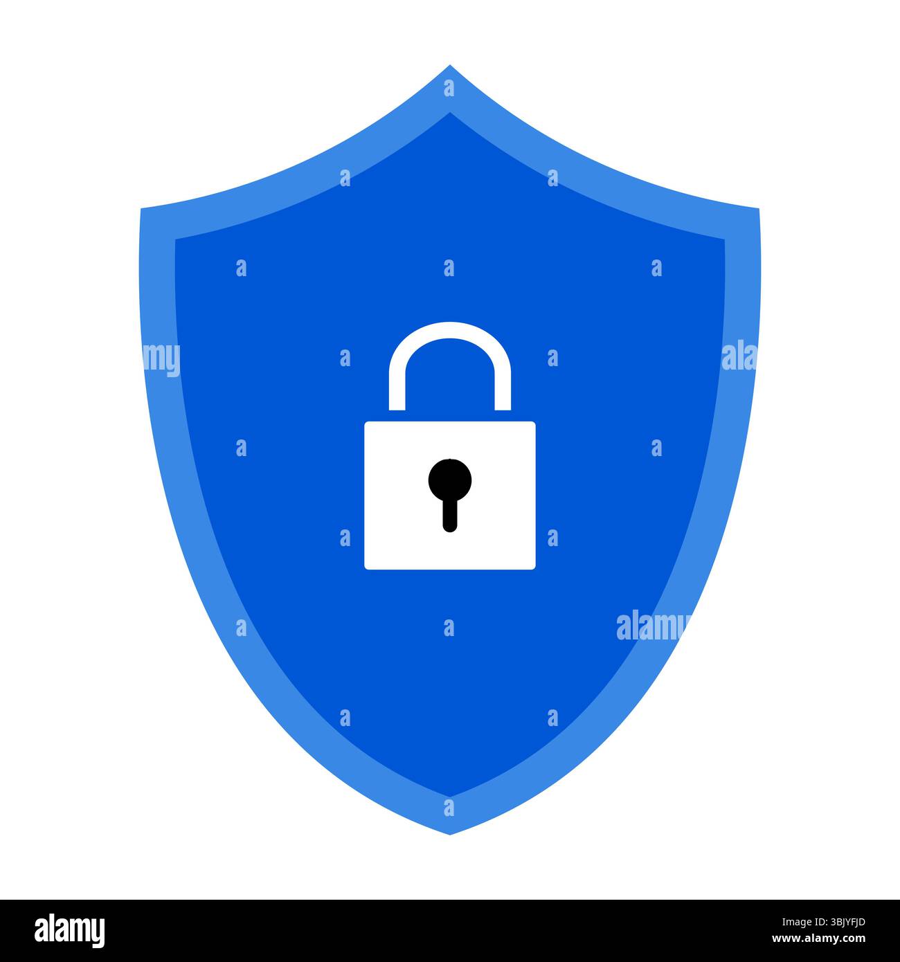 Illustrazione dell'icona Secure Lock Shield. Questa illustrazione vettoriale presenta uno scudo di sicurezza blu con un bordo spesso e un'icona di lucchetto bianca centrata. Illustrazione Vettoriale