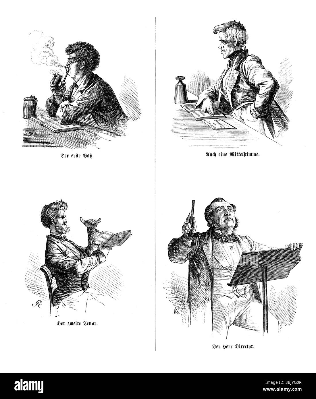 Divertenti vignette con caricature di cantanti maschi dell'opera e direttore del concerto, illustrazione del XIX secolo Foto Stock