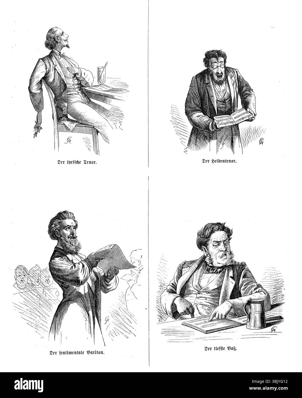 Vignette con caricature di cantanti lirici maschi con atteggiamenti diversi: Tenore lirico ed eroico, baritono sentimentale e basso più profondo, illustrazione del XIX secolo Foto Stock