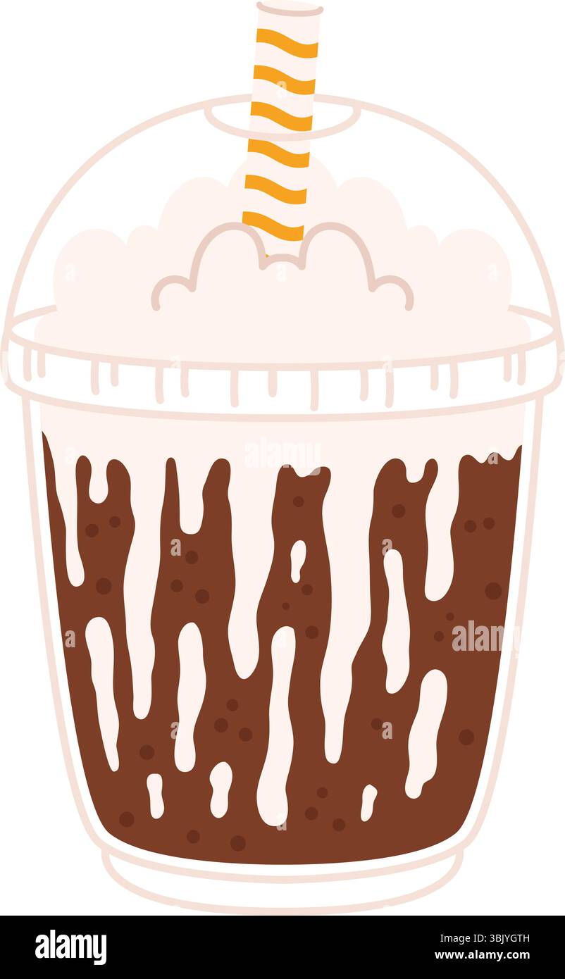 Soda al cioccolato dolce con crema montata in una tazza di plastica con coperchio a cupola e cannuccia a strisce gialle. Ricco e indulgente. Illustrazione del vettore di scorta in CA Illustrazione Vettoriale