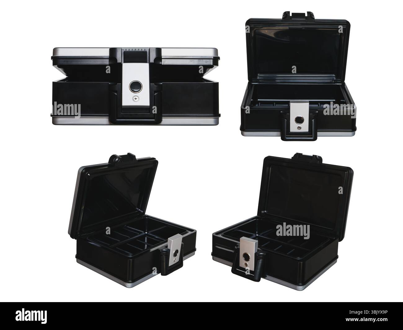 Una collezione di angolazioni multiple di una cassaforte portatile impermeabile e ignifuga su uno sfondo trasparente. Protezione di oggetti di valore in caso di incendio o inondazione. Foto Stock