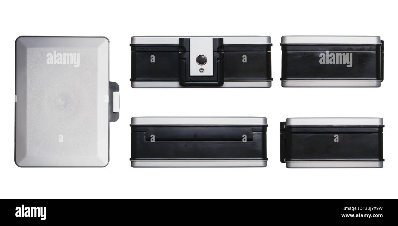 Una collezione di angolazioni multiple di una cassaforte portatile impermeabile e ignifuga su uno sfondo trasparente. Protezione di oggetti di valore in caso di incendio o inondazione. Foto Stock