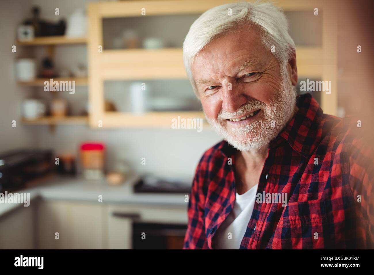 Armadietti da cucina in legno con porte in vetro e ripiani che contengono piatti, vasetti sopra il piano di lavoro Foto Stock