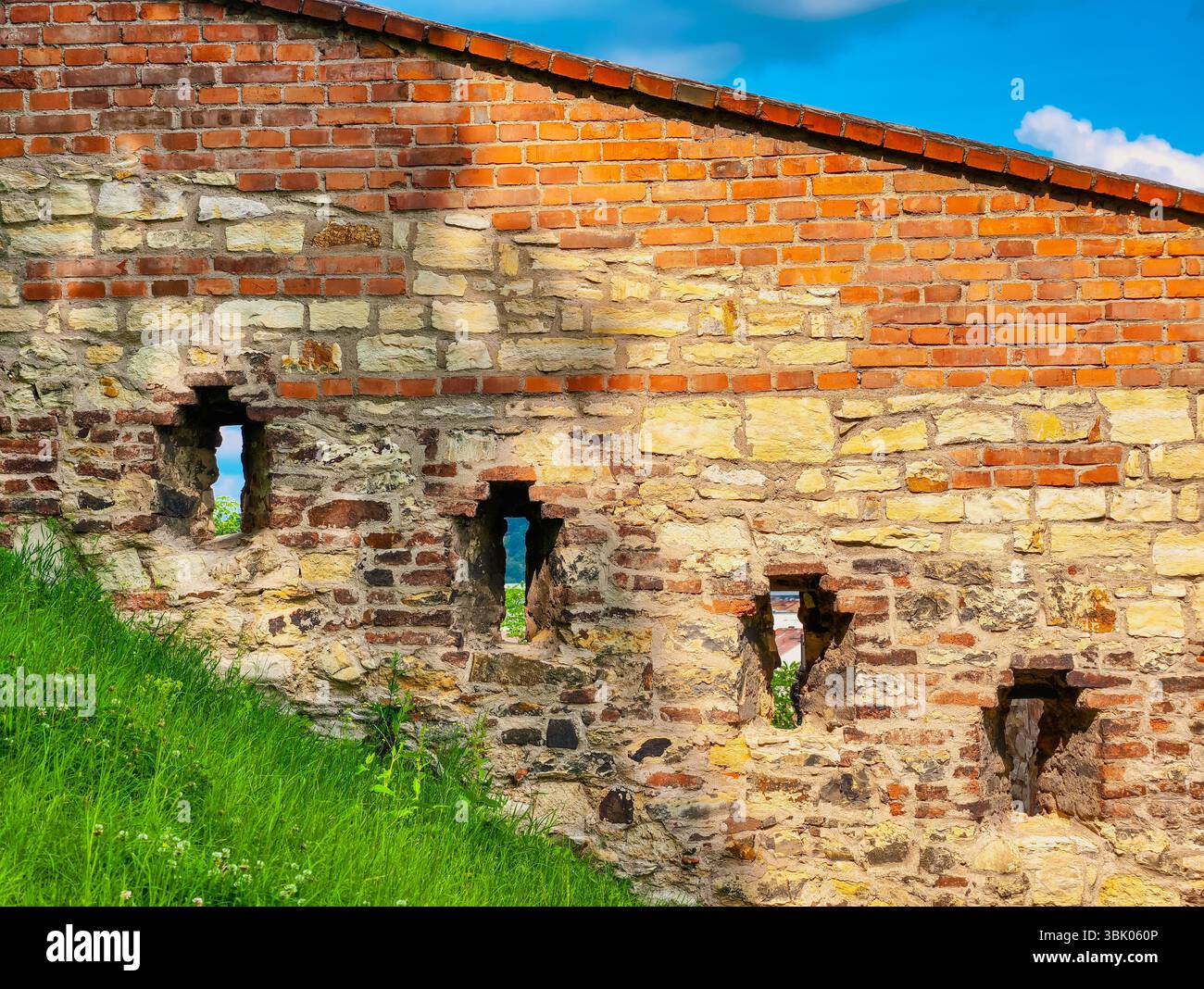 Attrattive storiche: Scorcio di un muro medievale della Fortezza - affascinante struttura in mattoni con aperture per la difesa, circondata da vegetazione lussureggiante e dal bellissimo cielo blu. Sfondo storico visivo Foto Stock