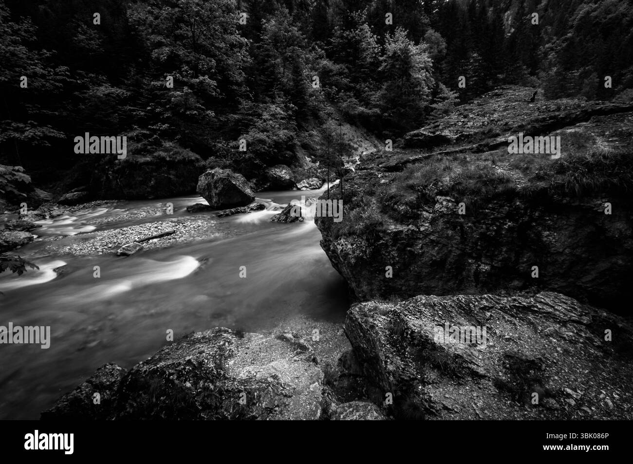 Veloce fiume di montagna che scorre in bianco e nero Foto Stock