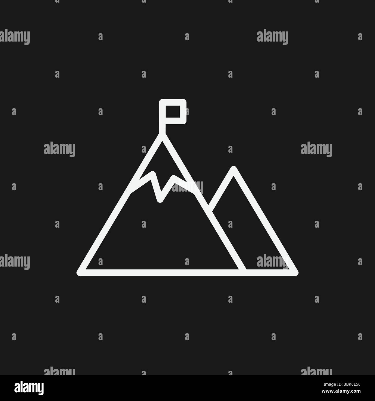 Picco di montagna con bandiera su sfondo nero, che rappresenta il raggiungimento, gli obiettivi o l'icona avventura, contorno bianco Illustrazione Vettoriale