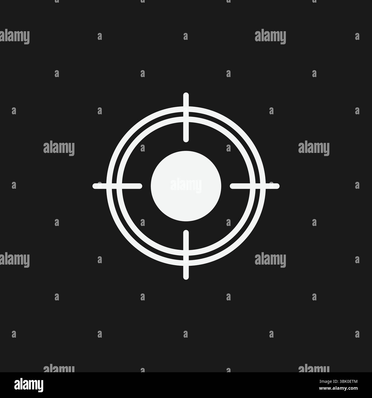 Target o mirini su sfondo nero, che rappresentano l'icona mira, messa a fuoco o precisione, contorno bianco Illustrazione Vettoriale