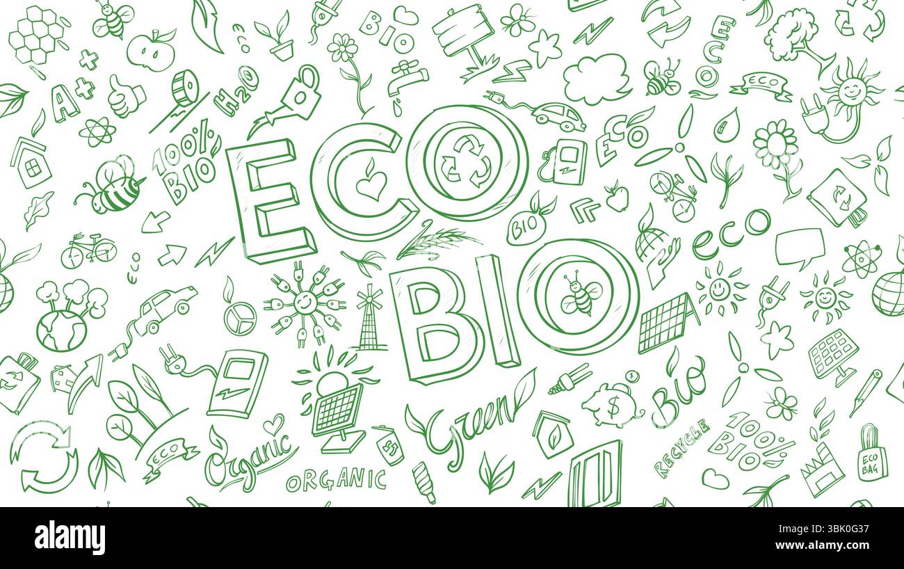 Banner orizzontale oggetti ed elementi correlati Eco e bio. Illustrazione del Doodle vettoriale disegnato a mano Illustrazione Vettoriale