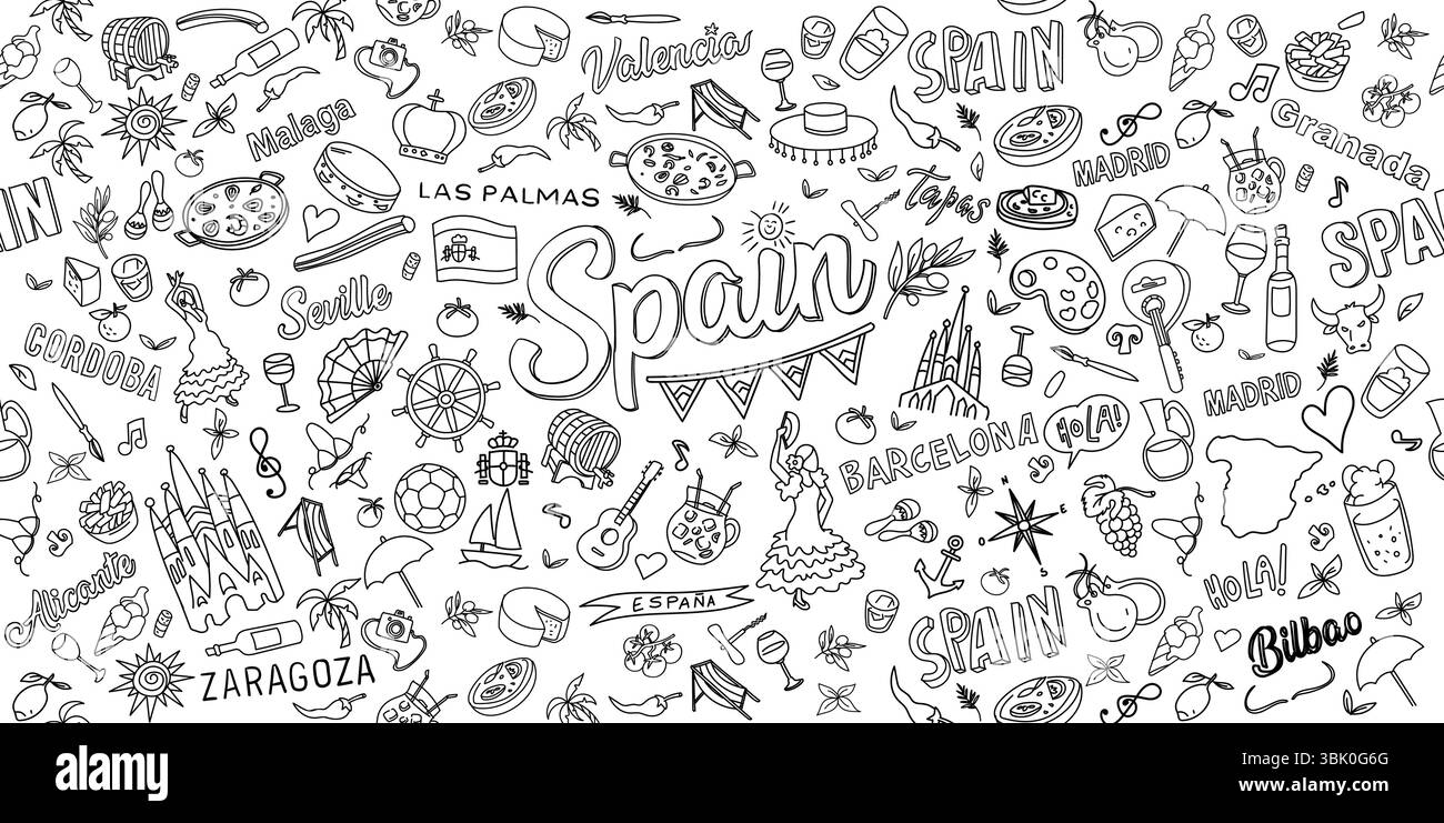 Banner orizzontale Spagna Doodle Art. Illustrazione disegnata a mano Illustrazione Vettoriale