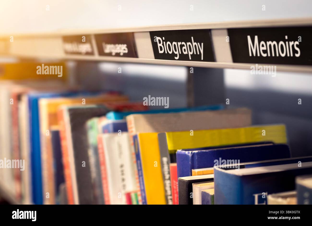 Biografia e libri di memorie. Libreria presso la biblioteca di lettura o libreria che raffigura opere di saggistica di autori. Profili di storie di vita di persone influenti. Foto Stock