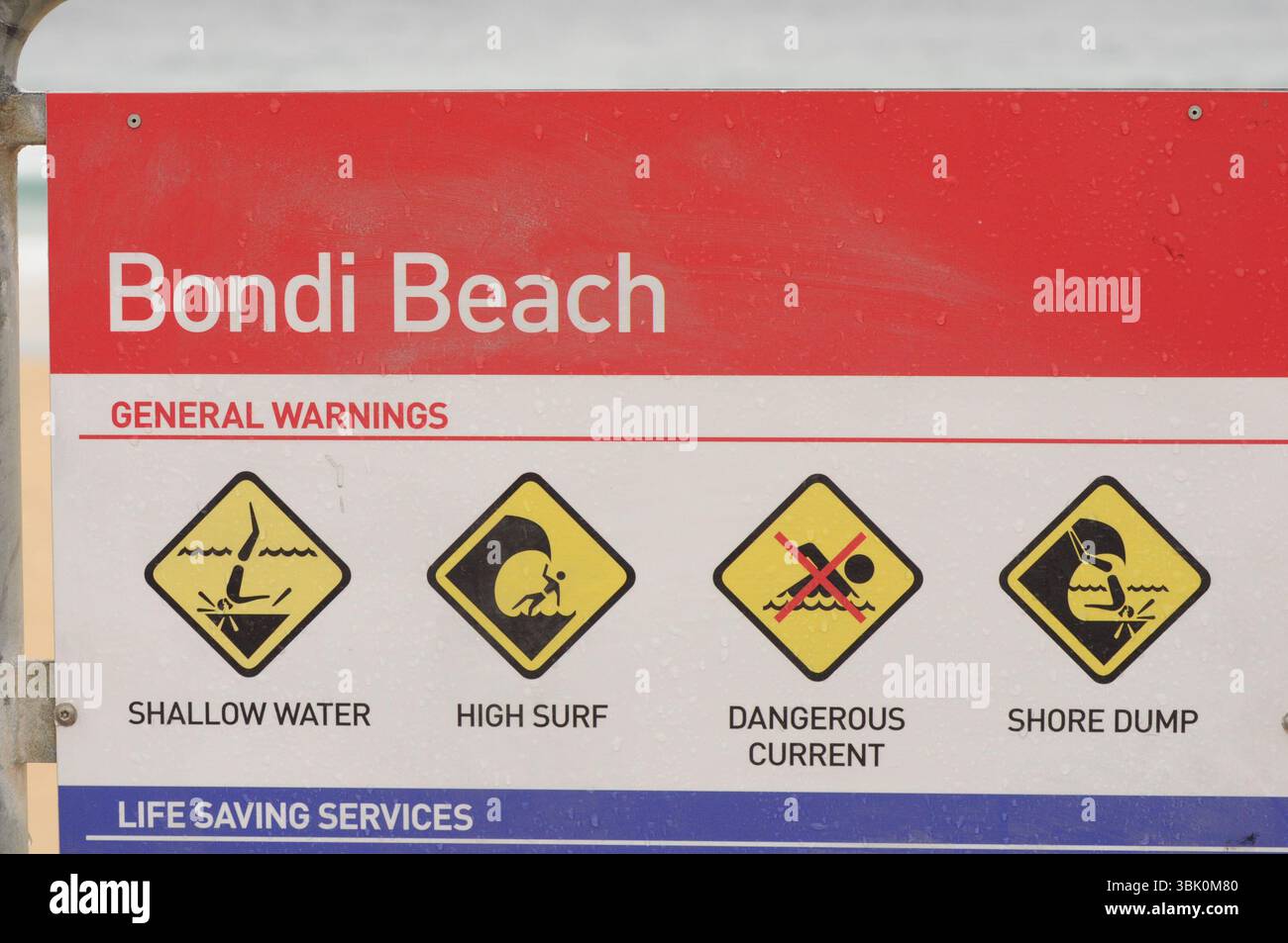 Cartello di sicurezza di Bondi Beach che mostra i pericoli per il surf e i servizi salvavita Foto Stock