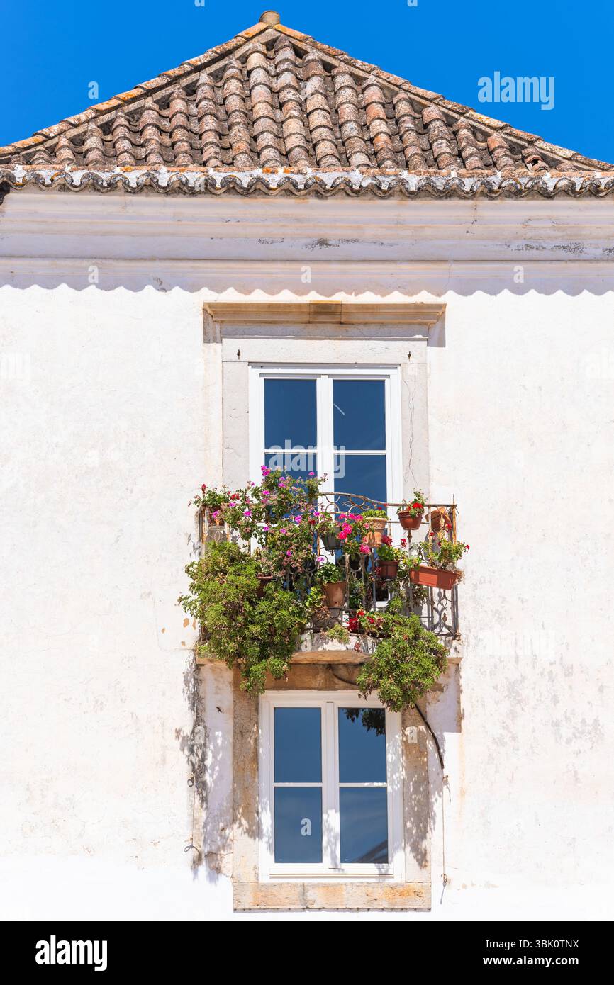 Piante in fiore colorate fuoriescono da un piccolo balcone in ferro posto su una facciata bianca illuminata dal sole con tetto piastrellato e cielo blu a Tavira, Portogallo. Foto Stock