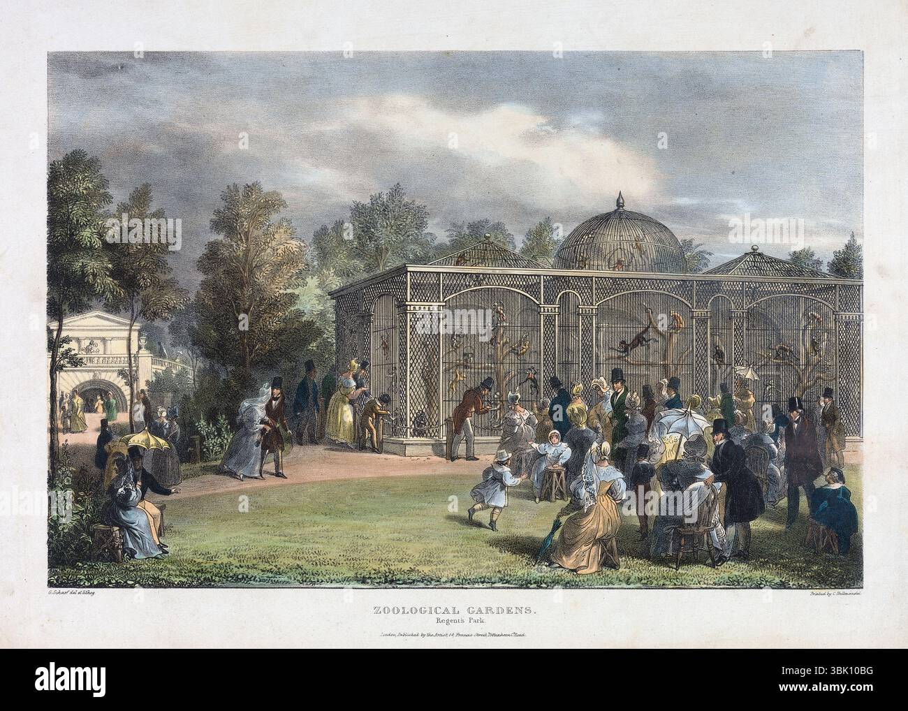 Litografia colorata a mano del giardino zoologico Regents Park London 1835 di George Johann Scharf arte antica stampa storica vintage Foto Stock