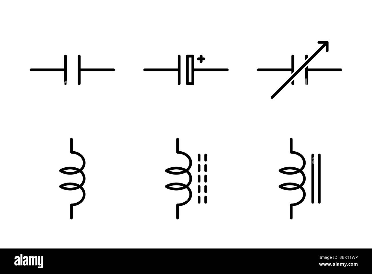 Icone di condensatori e induttori per schemi elettrici e progetti tecnici. Illustrazione Vettoriale