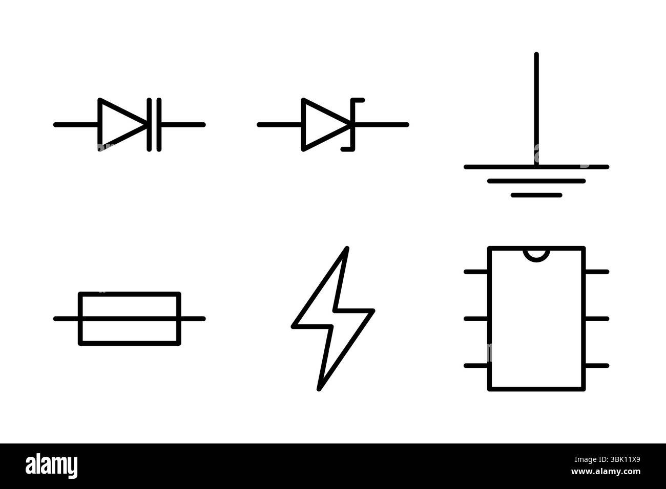 Icone dei diodi Zener, della messa a terra e dei fusibili per gli schemi dei circuiti e la progettazione elettronica. Illustrazione Vettoriale