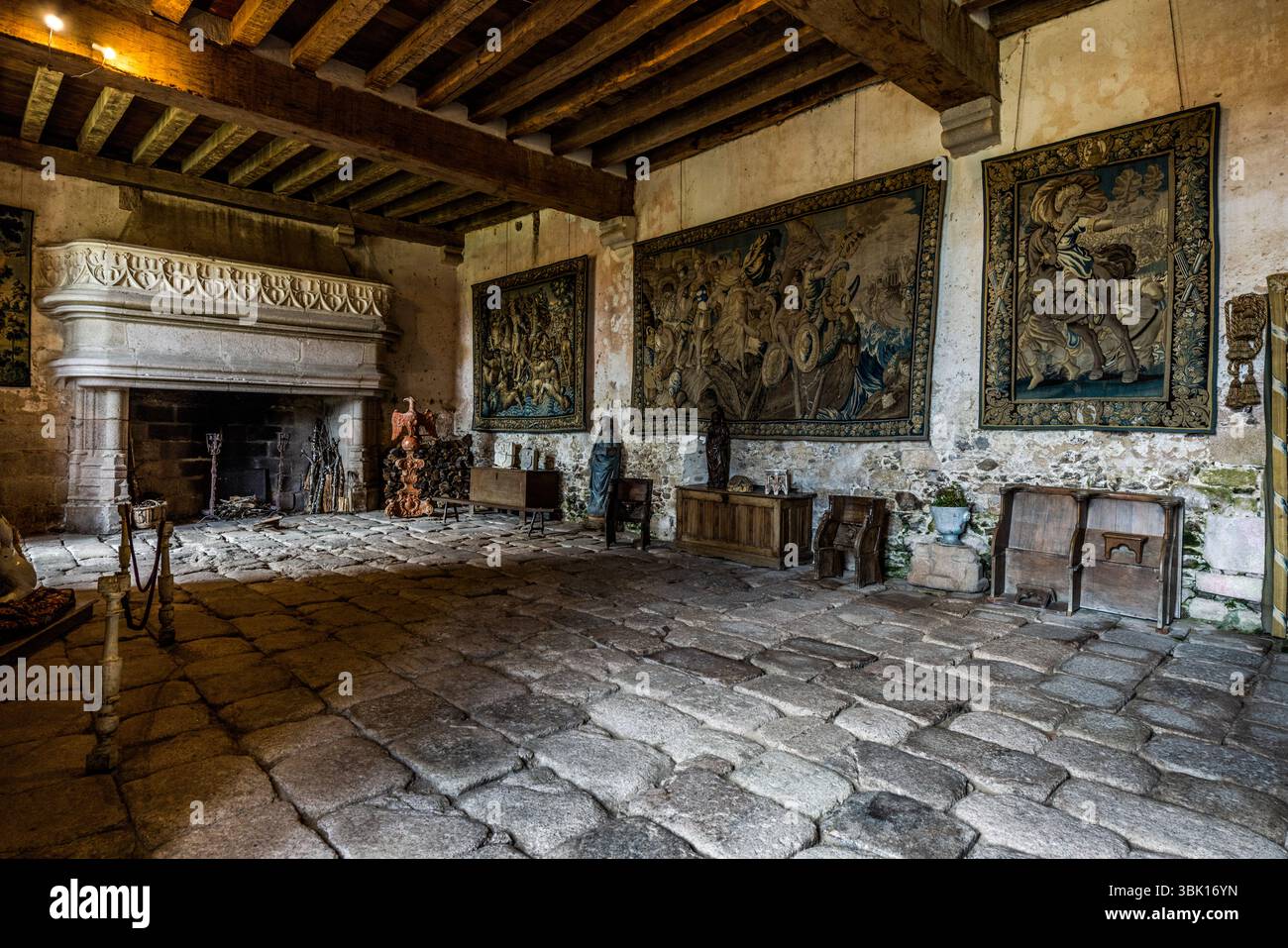 La grande sala (forse la sala delle guardie, Salle des gardes) nello Château de Boussac, dipartimento di Creuse, Nouvelle-Aquitaine, Francia, presenta caminetti e arazzi di Aubusson. A sinistra si trova un caminetto monumentale in pietra con mensola ornata. Tre grandi arazzi con scene piene di figure sono appesi al muro di macerie intonacate, quello a destra mostra una figura a cavallo. Cassapanche di legno, stalli del coro, una panca e una figura dipinta di blu si trovano sotto di essi. Il pavimento è lastricato di pietre grezze, e un soffitto di travi di legno attraversa la stanza. Posti con corde segnano il percorso dei visitatori o Foto Stock
