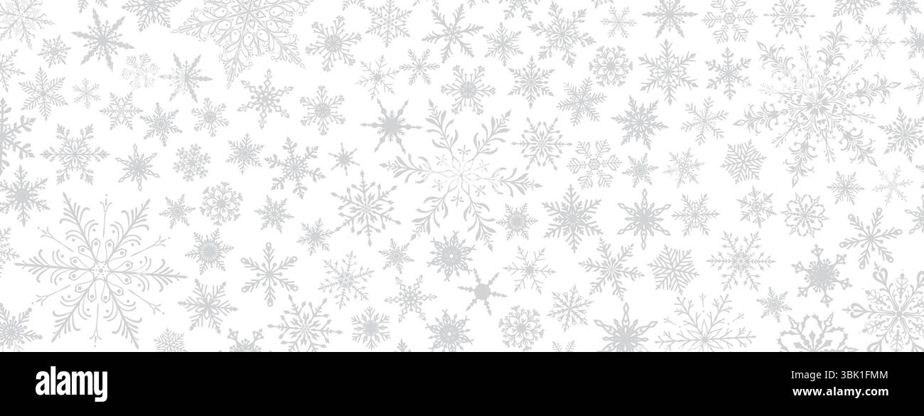 Una vivace illustrazione natalizia con vari intricati fiocchi di neve di varie dimensioni e design, grigi su sfondo bianco. Illustrazione Vettoriale